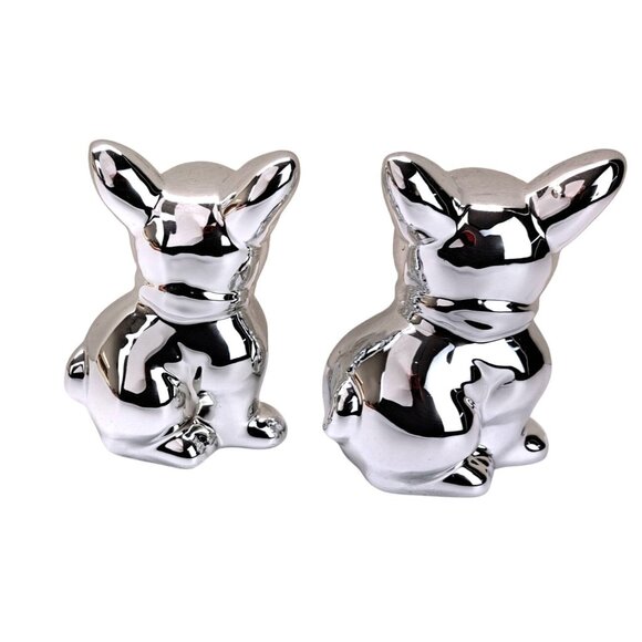 French Bulldog Figurine Set Of 2 Frenchie Dog Puppy Ceramic Silver Mirror Chrome - Picture 8 of 11